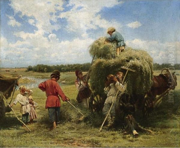 Haymaking Oil Painting by Konstantin Egorovich Egorovich Makovsky