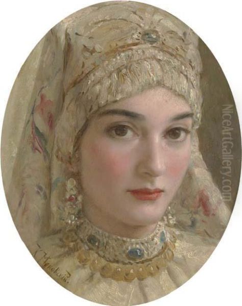 Portrait Of A Russian Woman Oil Painting by Konstantin Egorovich Egorovich Makovsky