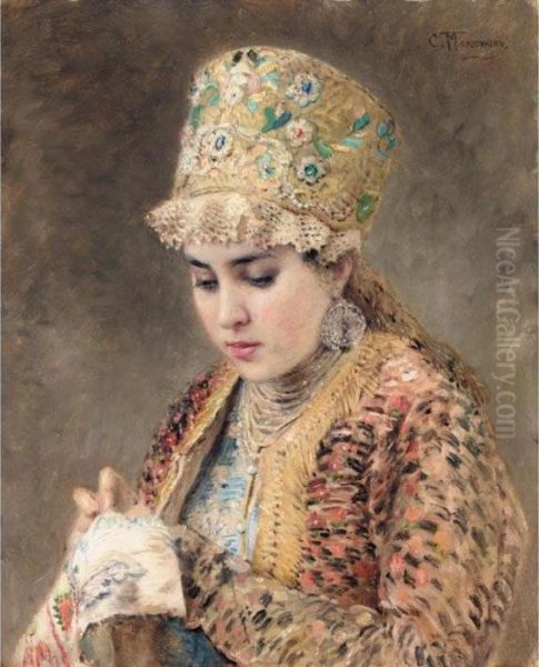 Portrait Of A Young Boyarina Oil Painting by Konstantin Egorovich Egorovich Makovsky