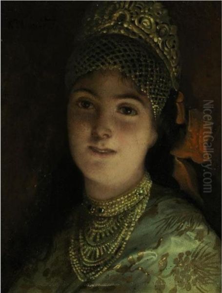 Pretty Boyarina Oil Painting by Konstantin Egorovich Egorovich Makovsky