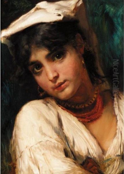 Russian Beauty In White Oil Painting by Konstantin Egorovich Egorovich Makovsky