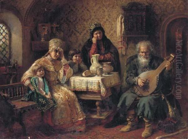 Russian Interior With A Bandura Player Oil Painting by Konstantin Egorovich Egorovich Makovsky