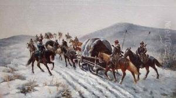 Kosaken Zu Pferde Begleiten Einem Goldtransport Im Schneegestober Oil Painting by Konstantin Egorovich Egorovich Makovsky