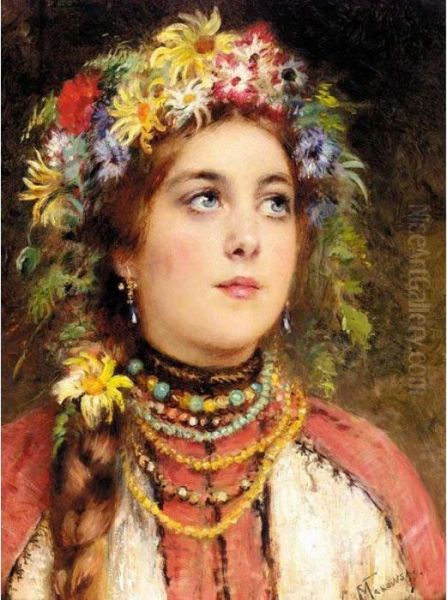 Russian Beauty In Summer Garland Oil Painting by Konstantin Egorovich Egorovich Makovsky