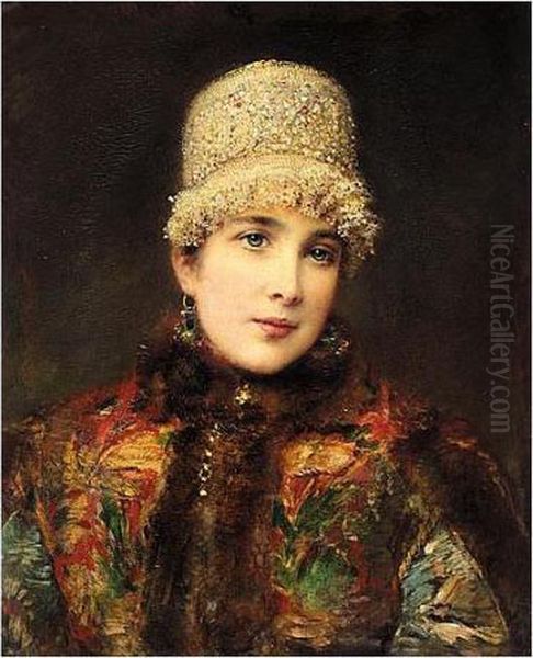 Young Russian Beauty In A Kokoshnik Oil Painting by Konstantin Egorovich Egorovich Makovsky