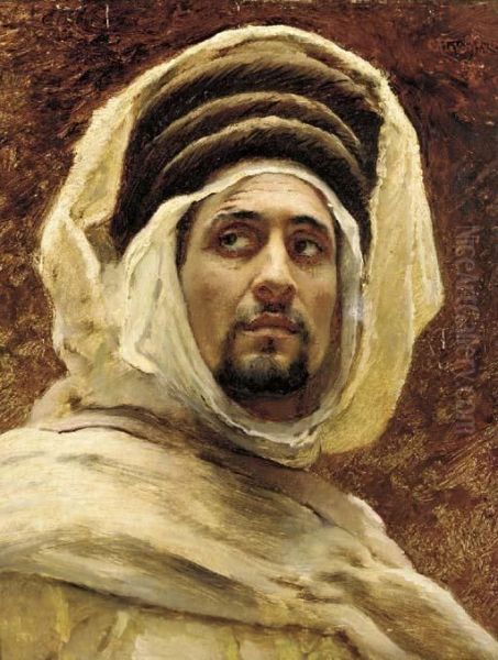 Portrait Of An Arab, Bust-length, In An Afghan Hat And A Headdress Oil Painting by Konstantin Egorovich Egorovich Makovsky