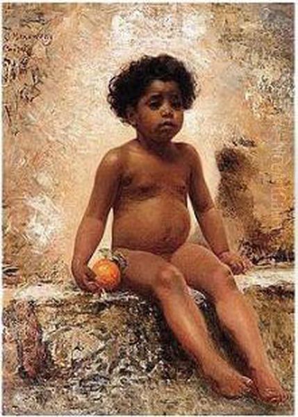 Young Arab Boy With Orange Oil Painting by Konstantin Egorovich Egorovich Makovsky