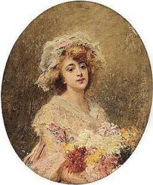 Beauty With Bonnet And Flowers Oil Painting by Konstantin Egorovich Egorovich Makovsky