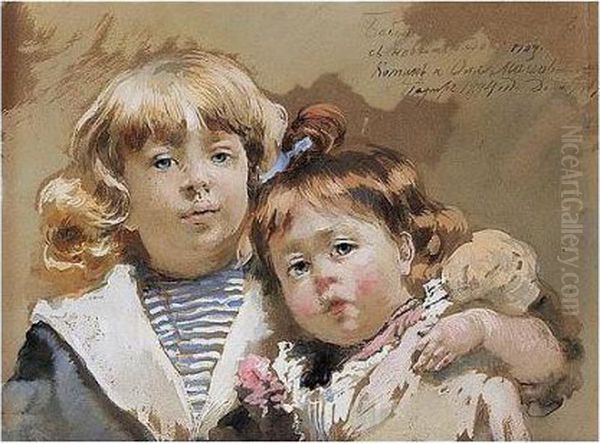 Katya And Olga Makovsky Oil Painting by Konstantin Egorovich Egorovich Makovsky