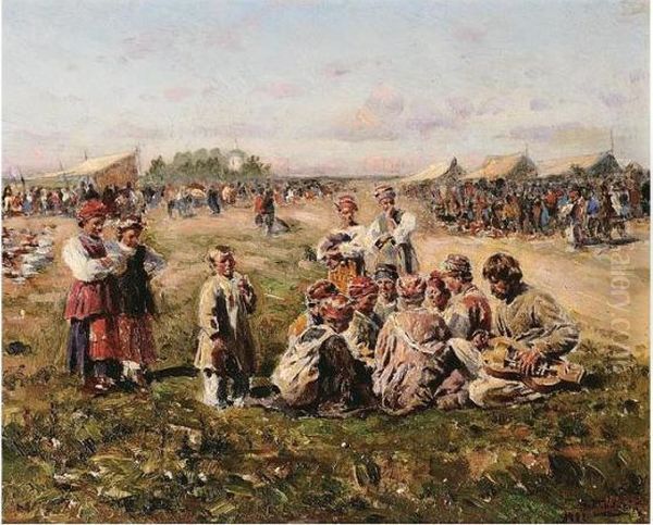 Musicians At A Country Fair Oil Painting by Vladimir Egorovic Makovsky