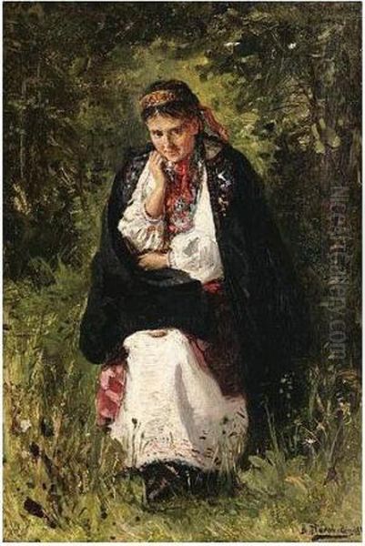 Young Woman In The Garden Oil Painting by Vladimir Egorovic Makovsky