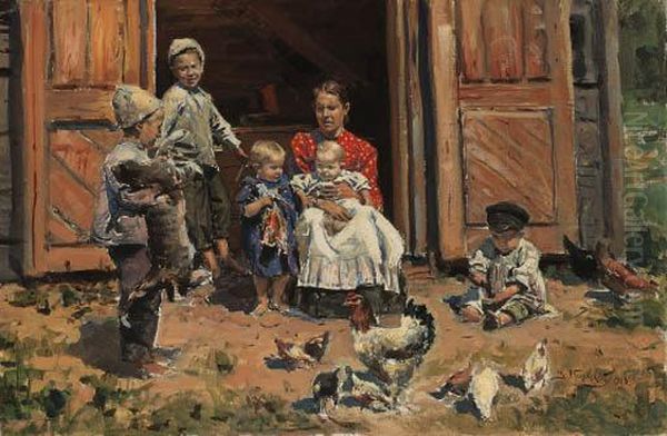 Mother And Children On The Farm Oil Painting by Vladimir Egorovic Makovsky