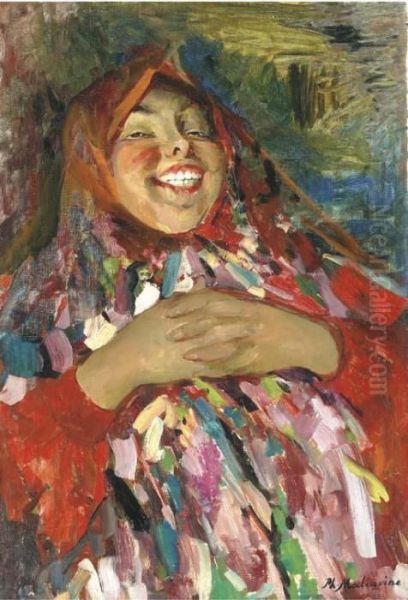 A Laughing Peasant Woman Oil Painting by Philippe Andreevitch Maliavine