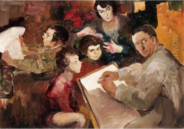 Self Portrait Of The Artist With His Family Oil Painting by Philippe Andreevitch Maliavine