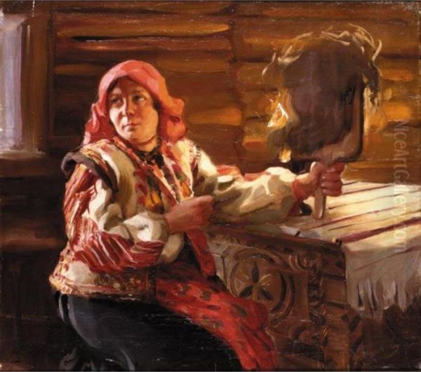 Peasant Woman Spinning By Candlelight Oil Painting by Philippe Andreevitch Maliavine