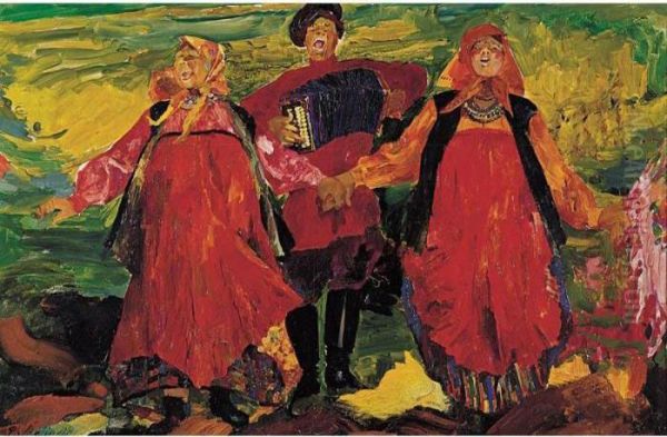 Russian Peasants Singing Oil Painting by Philippe Andreevitch Maliavine