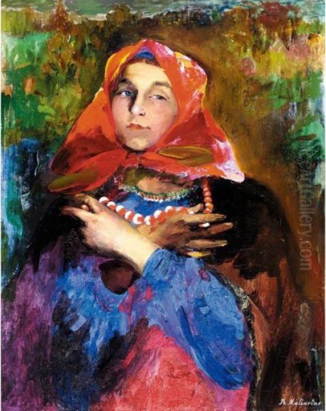 Russian Beauty With Beads And Scarf Oil Painting by Philippe Andreevitch Maliavine