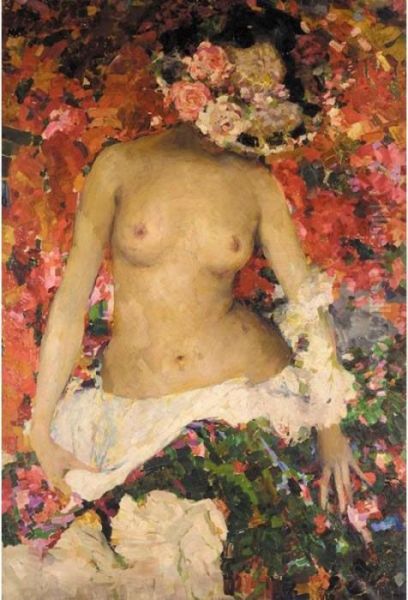 Nude Lady In Floral Hat Oil Painting by Philippe Andreevitch Maliavine