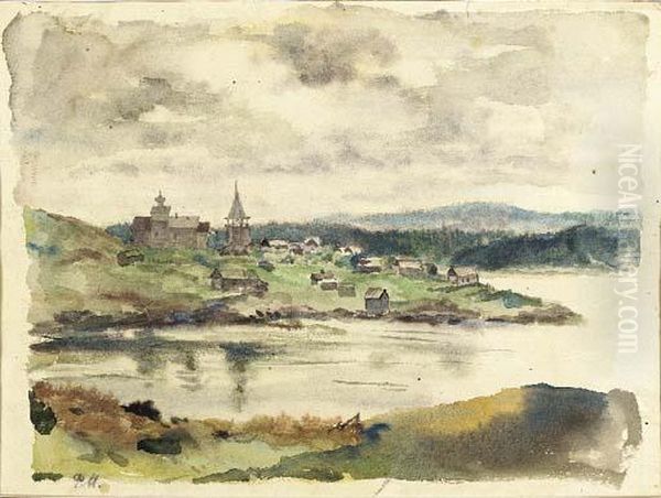 Village Near A River Oil Painting by Philippe Andreevitch Maliavine