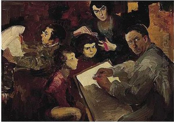 Self Portrait Of The Artist With His Family Oil Painting by Philippe Andreevitch Maliavine