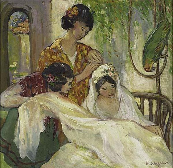 Bride With Two Women And A Parrot>. Oil Painting by Henri Charles Manguin