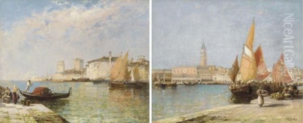 The Doge's Palace And Campanile, Venice; San Rialto, Venice Oil Painting by Arthur Joseph Meadows