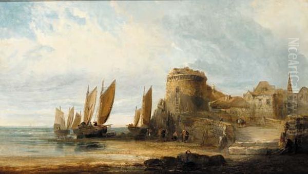 Figures Before A Fortified Coastal Town Oil Painting by Arthur Joseph Meadows