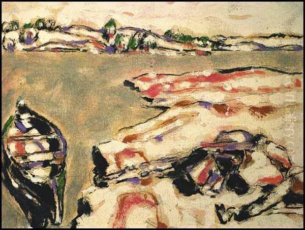 Canoe And Fireplace, Six Mile Lake, Ontario Oil Painting by David Brown Milne