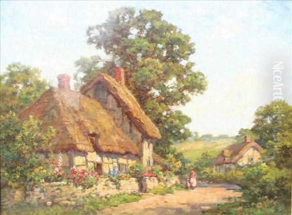 'near Dorking,surrey' - Figures Outside Thatched Cottages Oil Painting by Thomas E. Mostyn