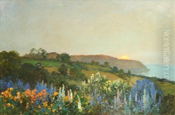 Sunset Over The Headland Oil Painting by Thomas E. Mostyn