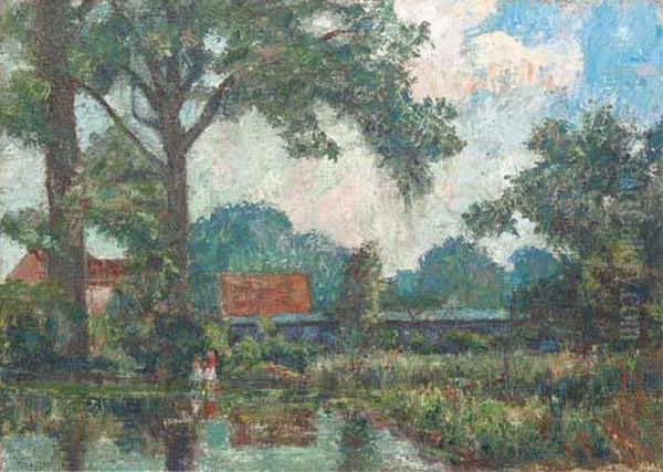 Two Children By A Lake In A Farmyard Oil Painting by Thomas E. Mostyn