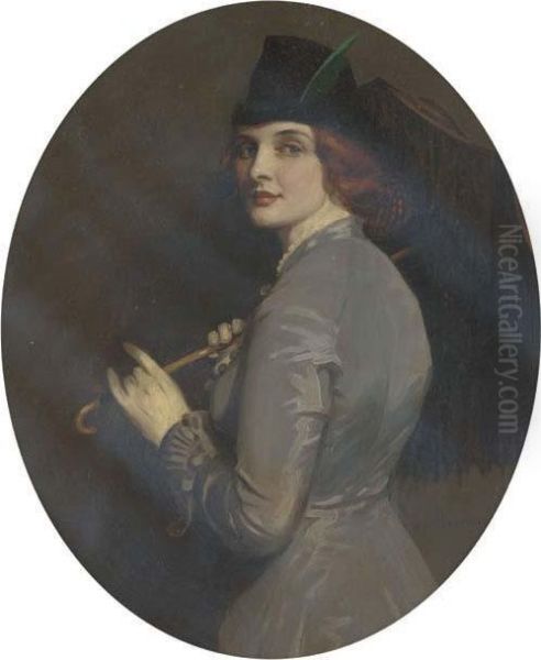 Portrait Of A Lady, Half-length, In A Green Dress, Holding Aparasol Oil Painting by Thomas E. Mostyn