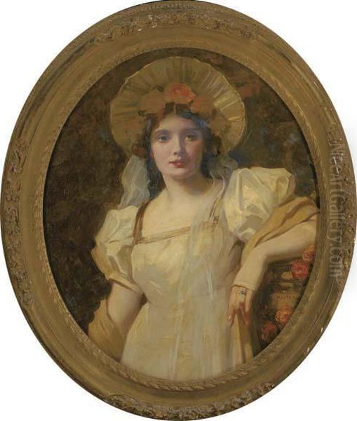 Portrait Of A Lady, Bust-length, In A Cream Dress And Bonnet Oil Painting by Thomas E. Mostyn