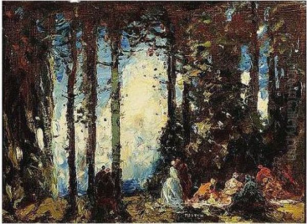 Picnic, Signed, Oil On Canvas, 51 X 69 Cm Oil Painting by Thomas E. Mostyn