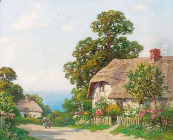 Figures Before A Thatched Cottage Oil Painting by Thomas E. Mostyn