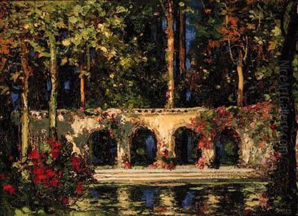 Arcade By The Lake Oil Painting by Thomas E. Mostyn