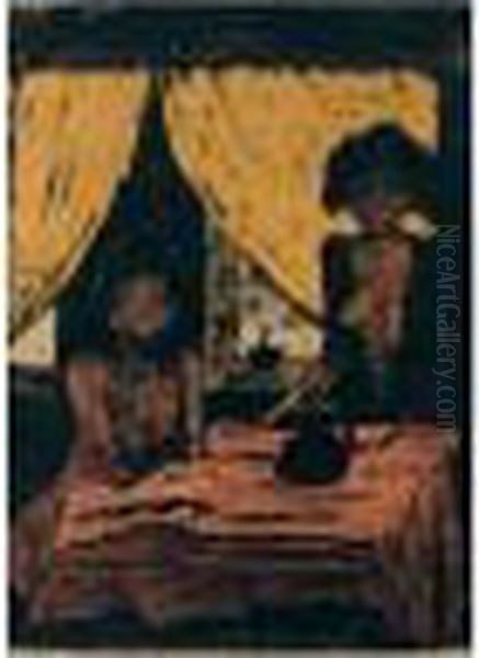 Zigeuner. Zwei Zigeunermadchen Im Wohnraum (two Gipsy Girls In A Room) Oil Painting by Otto Mueller