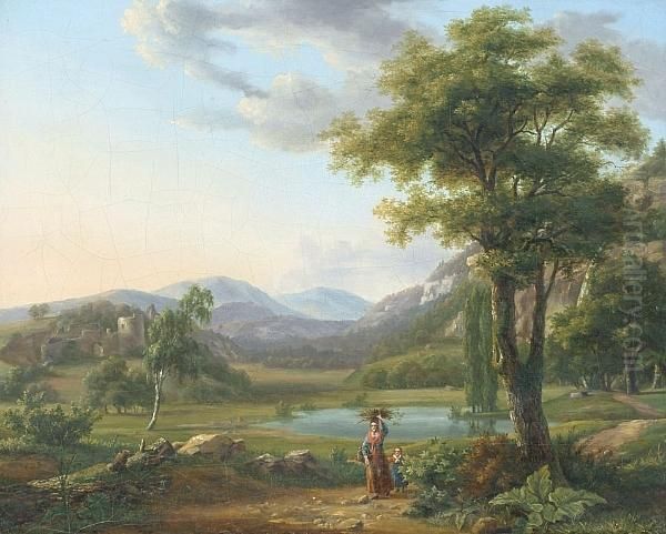 Woman And Child Carrying Firewood In A Romantic Landscape Oil Painting by Alexander Nasmyth