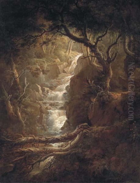 A Waterfall In Tillicoultry Glen, Clackmannanshire Oil Painting by Alexander Nasmyth