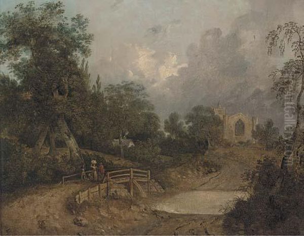 Figures On A Bridge, With A Church Beyond by Alexander Nasmyth