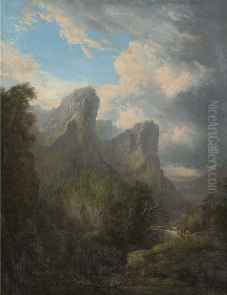 View Of The Sisters Of Glencoe With Figures And Livestock On A Bridge Oil Painting by Alexander Nasmyth