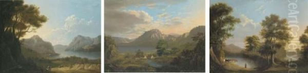 An Extensive Highland Landscape 
With Figures On A Path In The Foreground; An Extensive Highland 
Landscape With Cottages In The Foreground; And Cattle Watering In A 
Highland Landscape Oil Painting by Alexander Nasmyth