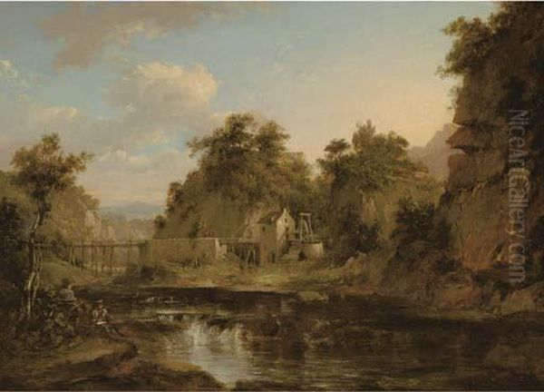 A River Landscape With A Watermill And An Aquaduct, An Artistsketching In The Foreground Oil Painting by Alexander Nasmyth