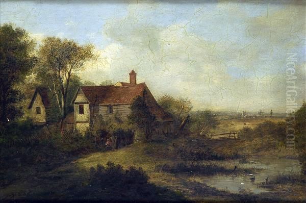 Thefarm Pond, A Wooded Rural Scene With Figure And Ducks Oil Painting by Patrick, Peter Nasmyth