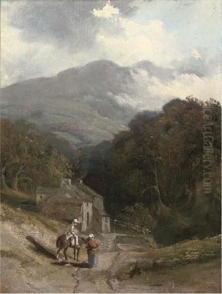 Figures Before A Cottage On A Hillside Oil Painting by Patrick, Peter Nasmyth