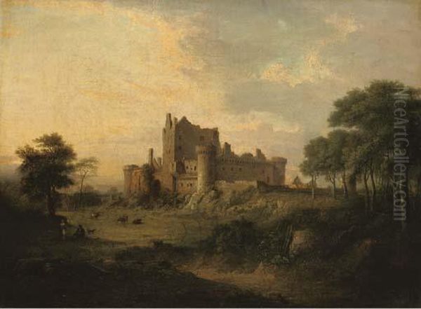 Castle Ruins In A Landscape With Figures And Cattle In The Foreground Oil Painting by Patrick, Peter Nasmyth