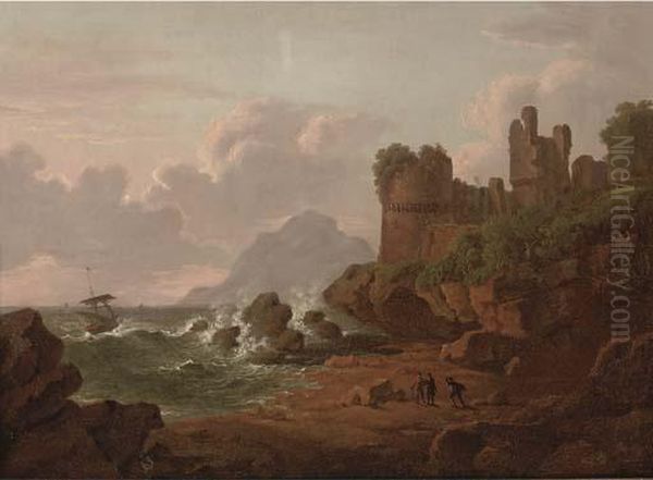 Figures In A Rocky Cove Before A Ruined Castle Oil Painting by Patrick, Peter Nasmyth