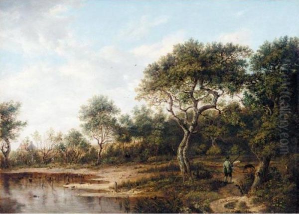 A Wooded Landscape With A Gentleman Out Shooting Oil Painting by Patrick, Peter Nasmyth