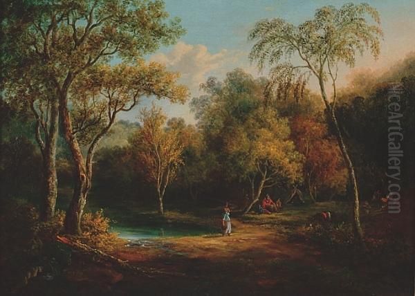 Encampment By A Woodland Pool With Figures And A Donkey Oil Painting by Patrick, Peter Nasmyth