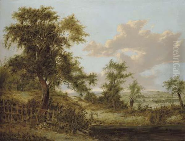 A Wooded Landscape In Surrey With Figures, The Village Of Godstone Beyond Oil Painting by Patrick, Peter Nasmyth